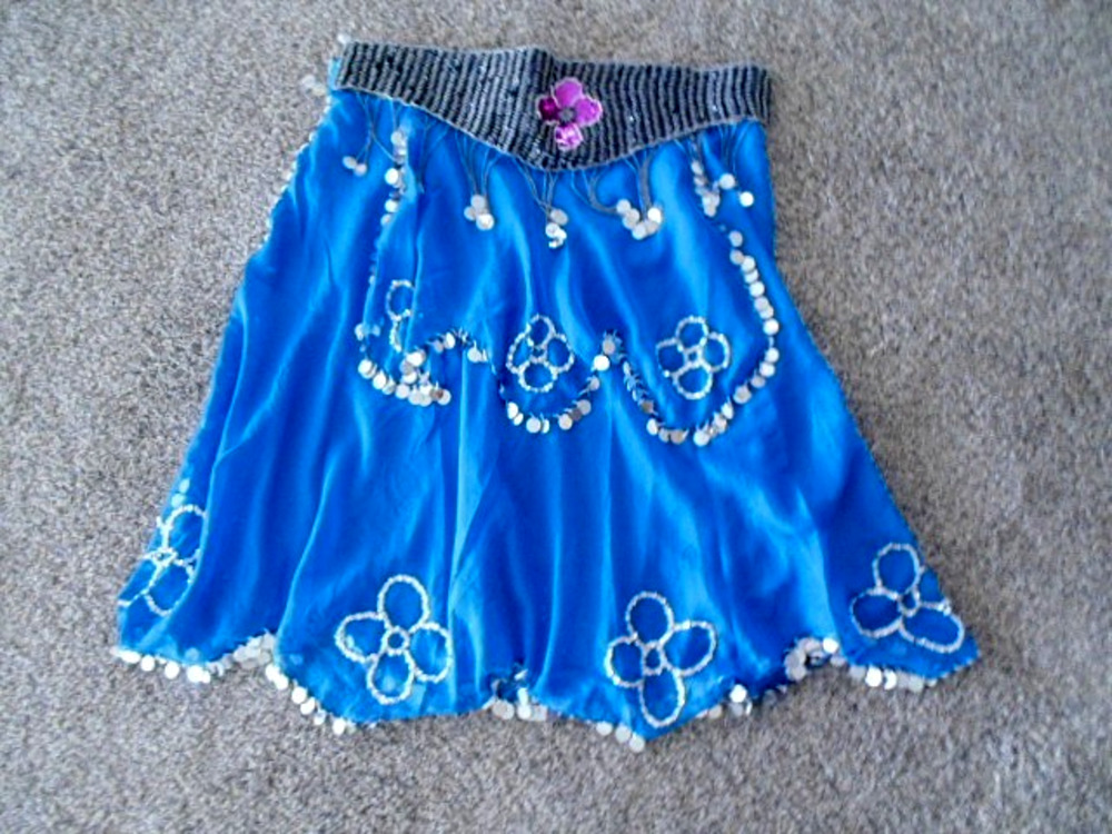 Vtg 80s Beaded belly dancing skirt Turquoise Blue Layered Sequins XL 40" Waist